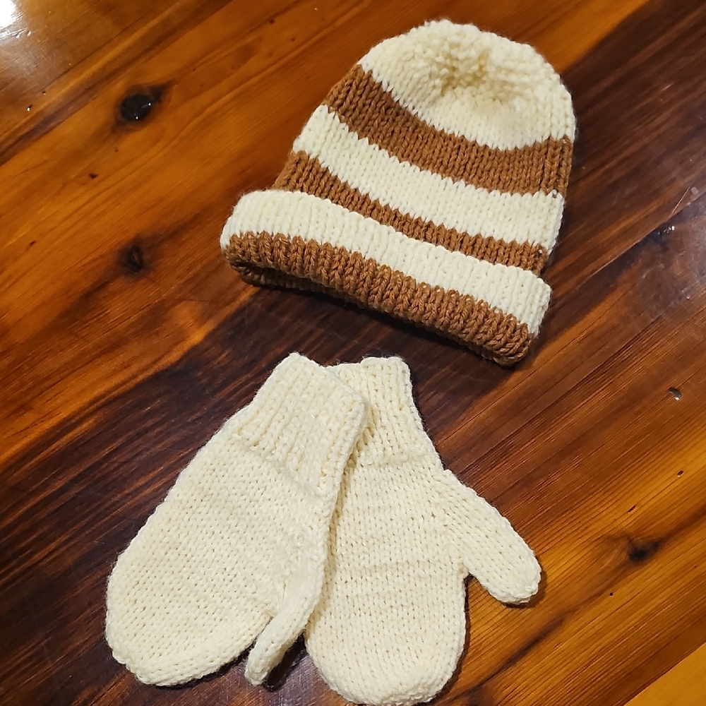 Kids' Striped Knit Hat and Mittens Set - Cream and Brown - Size 8-10